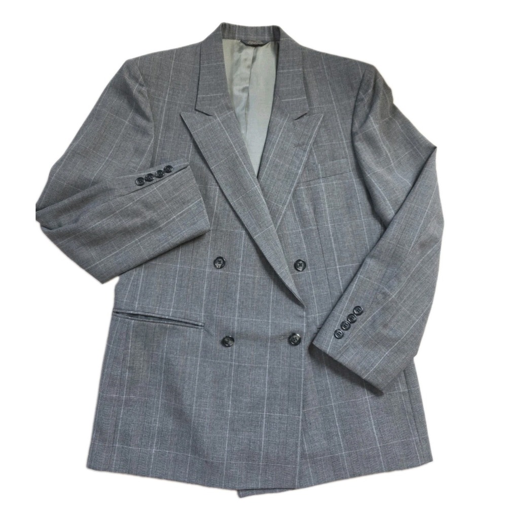 Vintage Oakton Ltd 40 Short Grey Double Breasted Glen Plaid Sport Coat Blazer